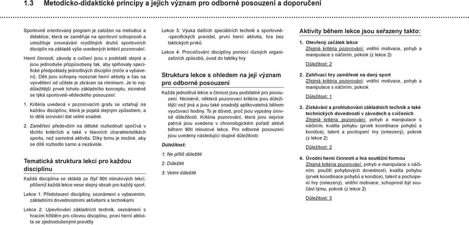 Herní činnosti, závody a cvičení jsou v podstatě stejné a jsou jednoduše přizpůsobeny tak, aby splňovaly specifické předpoklady jednotlivých disciplín (míče a vybavení).