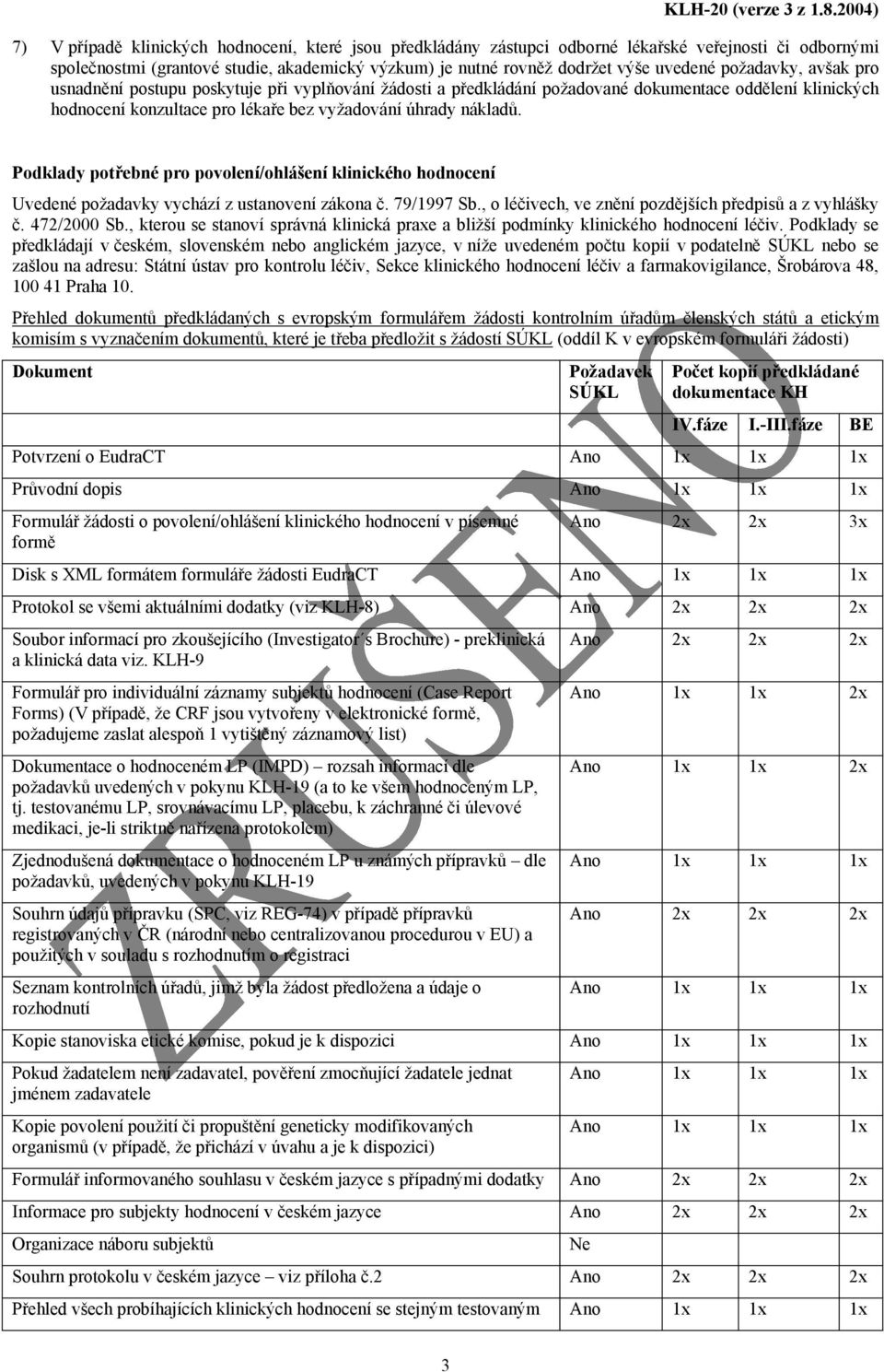 Podklady potřebné pro povolení/ohlášení klinického hodnocení Uvedené požadavky vychází z ustanovení zákona č. 79/1997 Sb., o léčivech, ve znění pozdějších předpisů a z vyhlášky č. 472/2000 Sb.