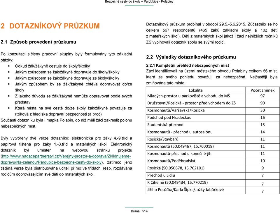 Po konzultaci s členy pracovní skupiny byly formulovány tyto základní otázky: Odkud žák/žákyně cestuje do školy/školky Jakým způsobem se žák/žákyně dopravuje do školy/školky Jakým způsobem se