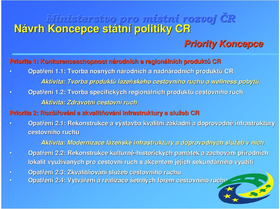 2: : Tvorba specifických regionáln lních produktů cestovního ruch Aktivita: Zdravotní cestovní ruch Priorita 2: Rozšiřov ování a zkvalitňov ování infrastruktury a služeb CR Opatřen ení 2.