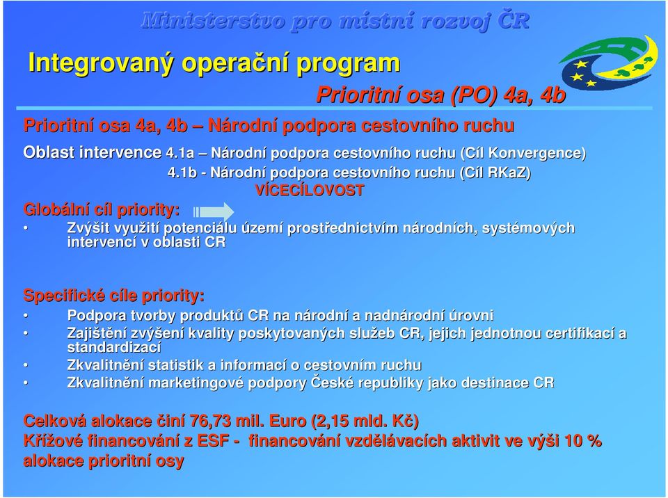 1b - Národní podpora cestovního ruchu (Cíl RKaZ) VÍCECÍLOVOST Zvýšit využit ití potenciálu území prostřednictv ednictvím m národnn rodních, systémových intervencí v oblasti CR Specifické cíle