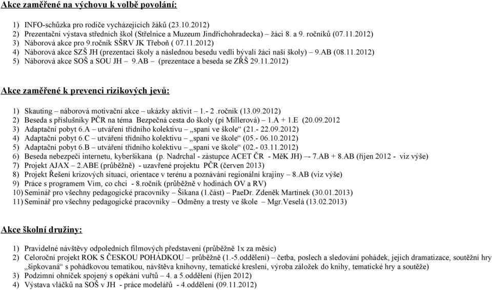 AB (prezentace a beseda se ZŘŠ 29.11.2012) Akce zaměřené k prevenci rizikových jevů: 1) Skauting náborová motivační akce ukázky aktivit 1.- 2.ročník (13.09.