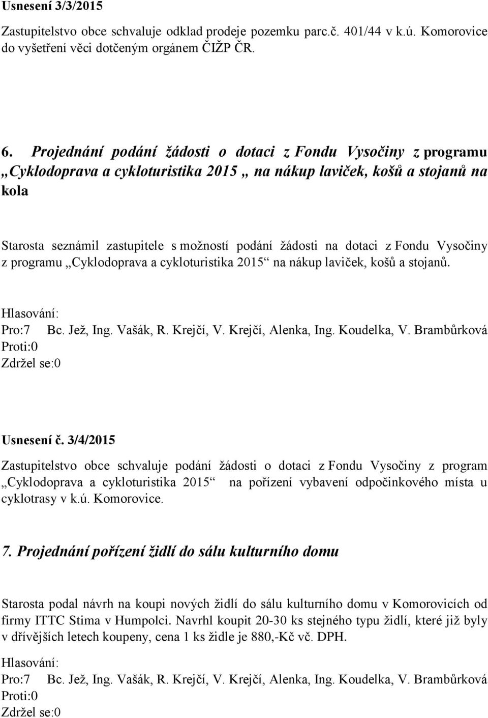 dotaci z Fondu Vysočiny z programu Cyklodoprava a cykloturistika 2015 na nákup laviček, košů a stojanů. Usnesení č.