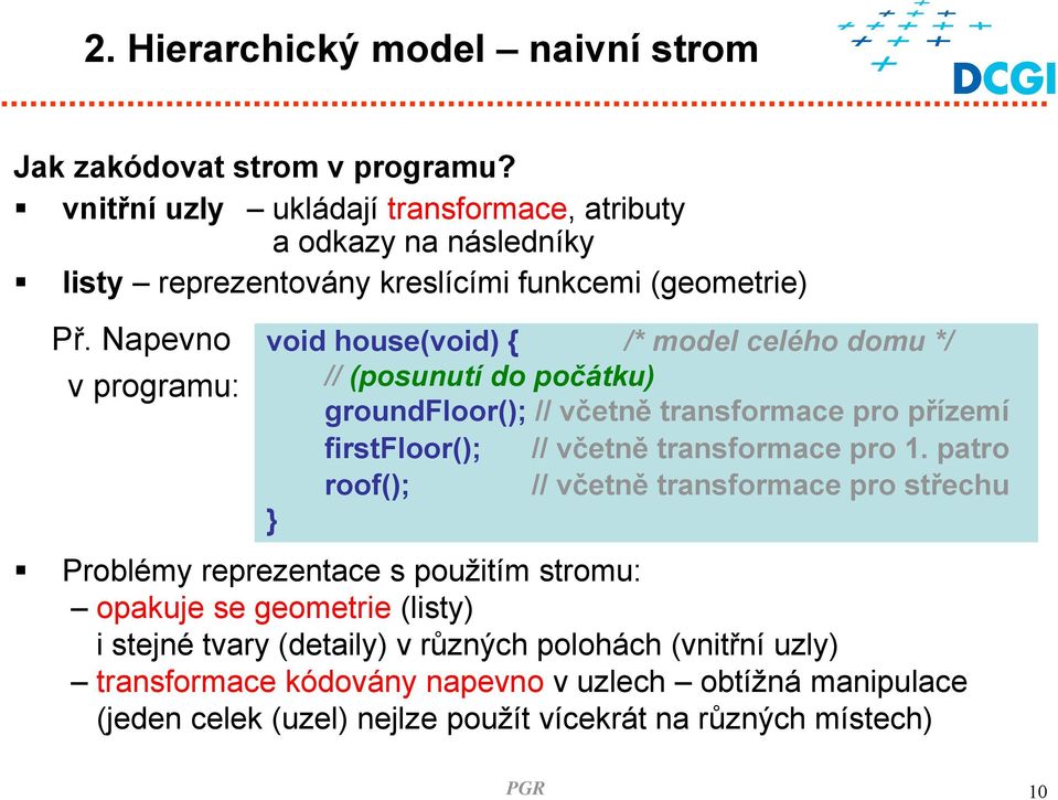 Napevo v programu: void house(void) { /* model celého domu */ // (posuutí do počátku) groudfloor(); // včetě trasormace pro příemí irstfloor(); // včetě
