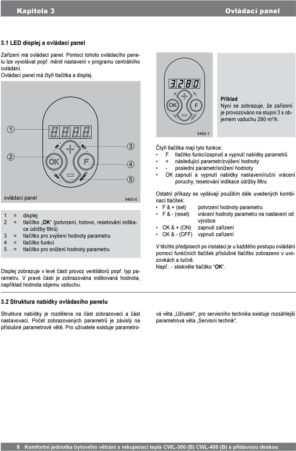 5493-1 Čtyři tlačítka mají tyto funkce: F tlačítko funkcí/zapnutí a vypnutí nabídky parametrů + následující parametr/zvýšení hodnoty - poslední parametr/snížení hodnoty OK zapnutí a vypnutí nabídky