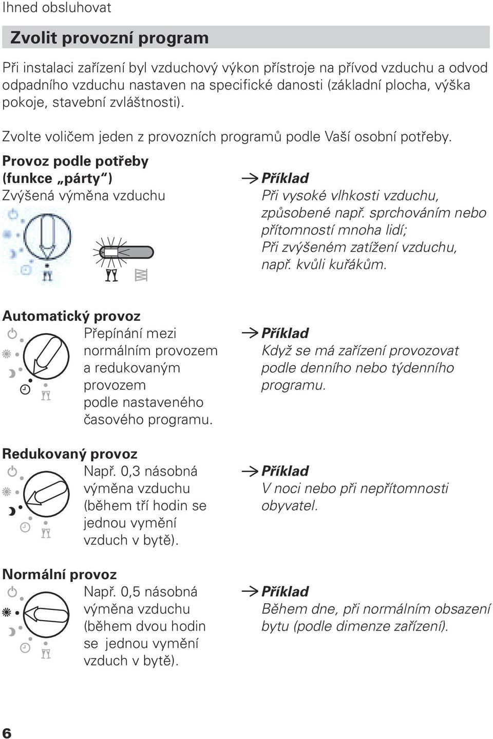 Provoz podle potřeby (funkce párty ) Zvýšená výměna vzduchu Příklad Při vysoké vlhkosti vzduchu, způsobené např. sprchováním nebo přítomností mnoha lidí; Při zvýšeném zatížení vzduchu, např.