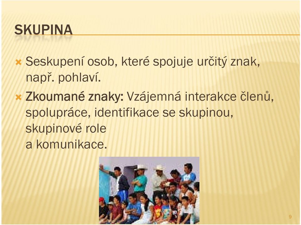 Zkoumané znaky: Vzájemná interakce členů,