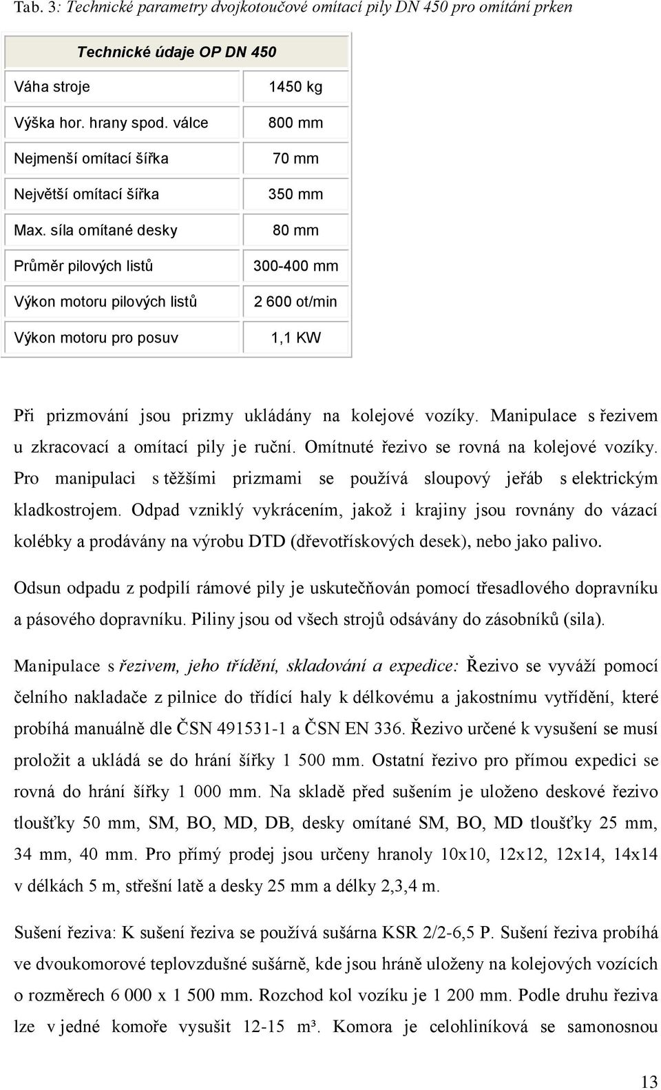 kolejové vozíky. Manipulace s řezivem u zkracovací a omítací pily je ruční. Omítnuté řezivo se rovná na kolejové vozíky.