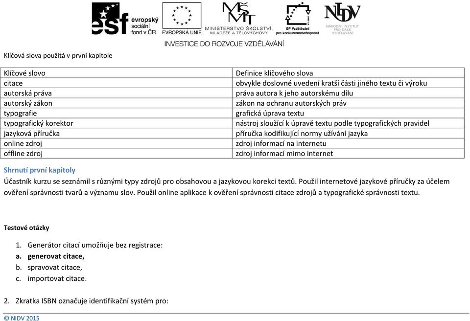 typografických pravidel příručka kodifikující normy užívání jazyka zdroj informací na internetu zdroj informací mimo internet Shrnutí první kapitoly Účastník kurzu se seznámil s různými typy zdrojů