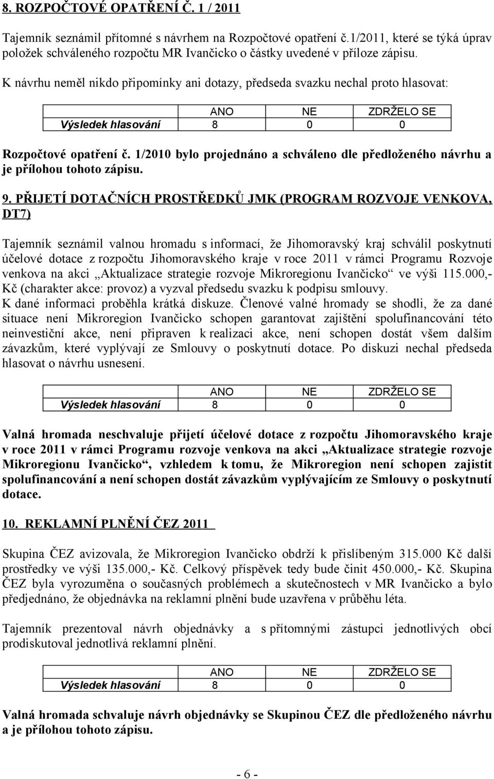 K návrhu neměl nikdo připomínky ani dotazy, předseda svazku nechal proto hlasovat: Rozpočtové opatření č. 1/2010 bylo projednáno a schváleno dle předloženého návrhu a je přílohou tohoto zápisu. 9.