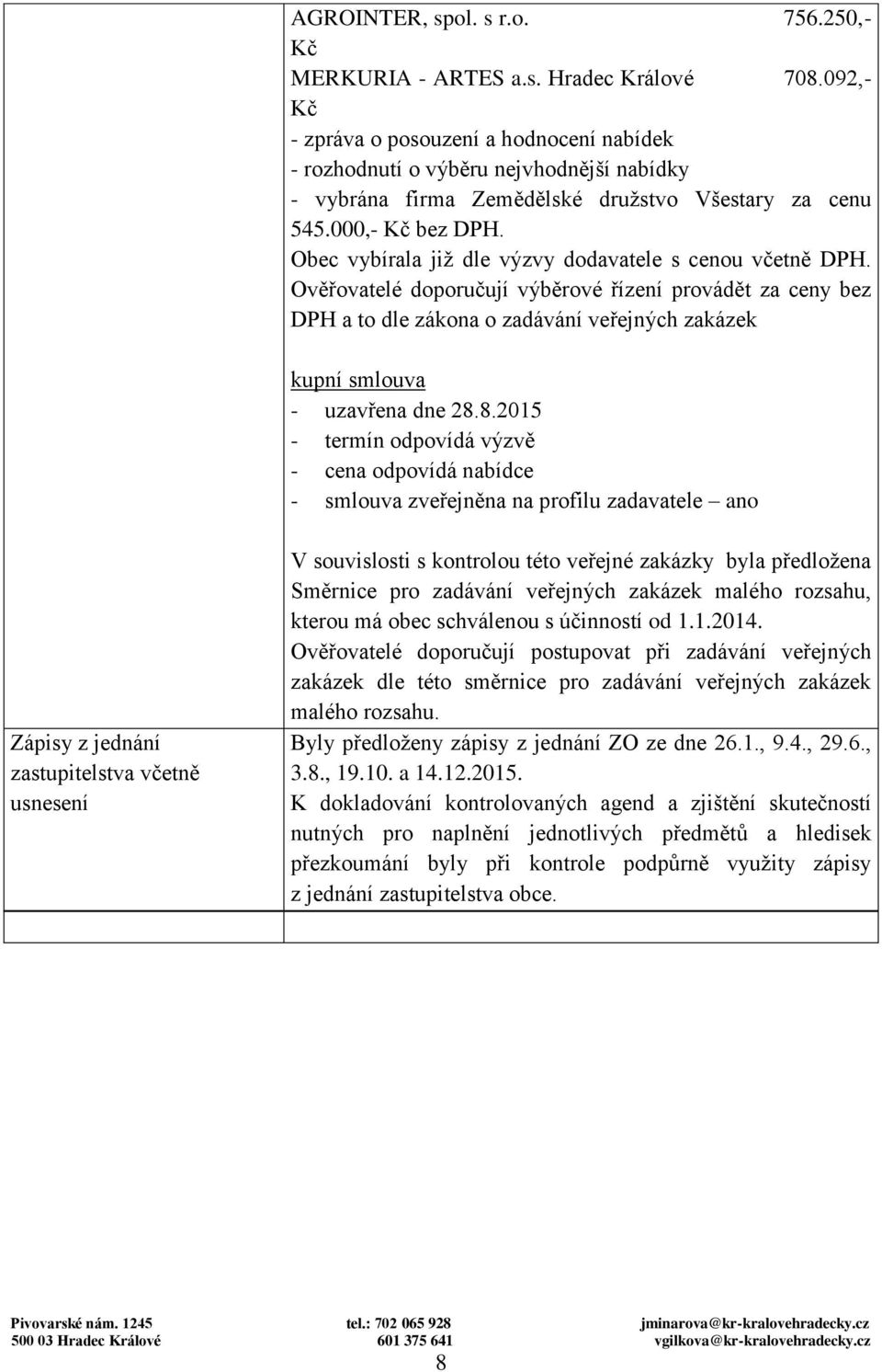 Obec vybírala již dle výzvy dodavatele s cenou včetně DPH. Ověřovatelé doporučují výběrové řízení provádět za ceny bez DPH a to dle zákona o zadávání veřejných zakázek kupní smlouva - uzavřena dne 28.