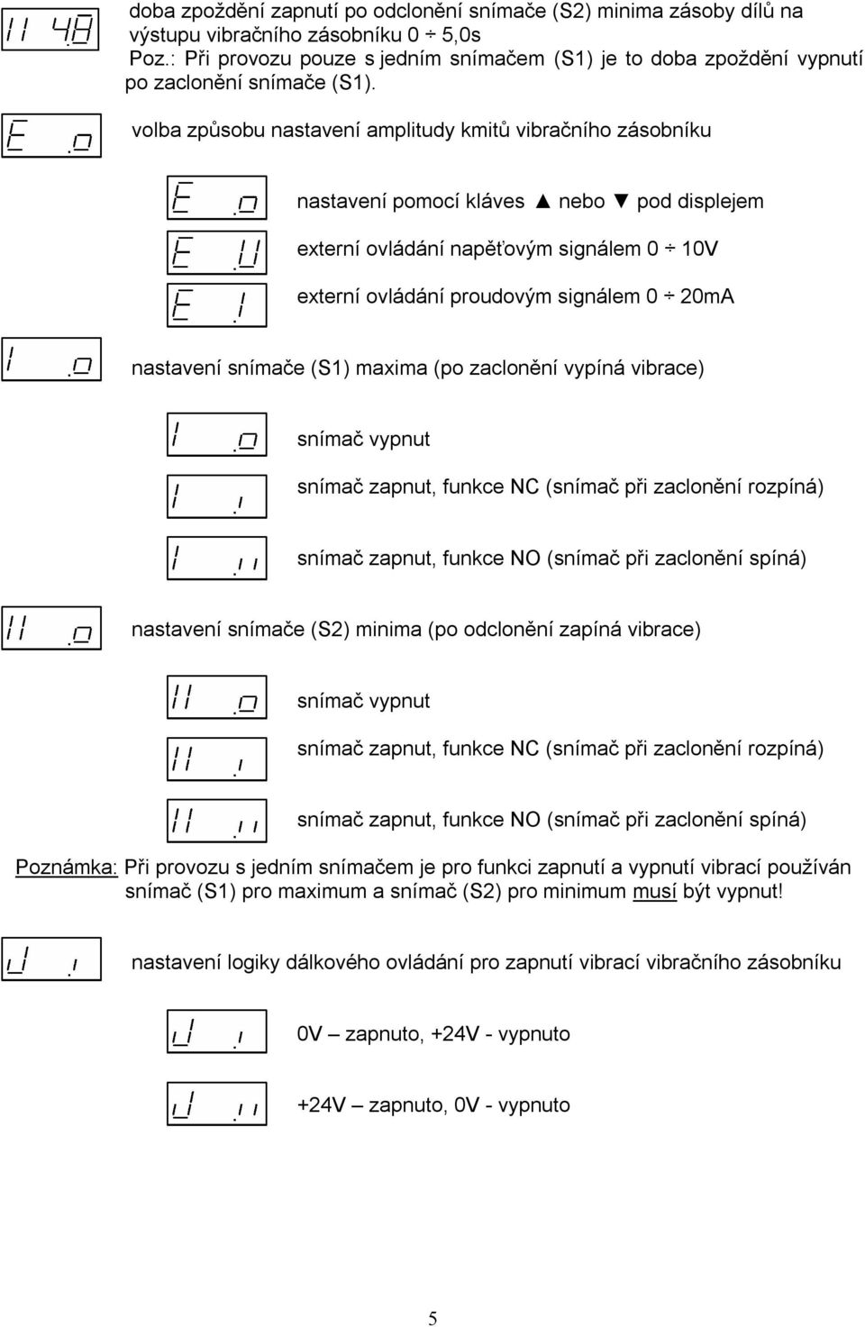 volba způsobu nastavení amplitudy kmitů vibračního zásobníku nastavení pomocí kláves nebo pod displejem externí ovládání napěťovým signálem 0 10V externí ovládání proudovým signálem 0 20mA nastavení