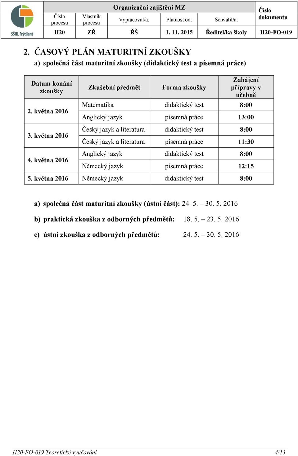 8:00 Český jazyk a literatura písemná práce 11:30 Anglický jazyk didaktický test 8:00 Německý jazyk písemná práce 12:15 5.