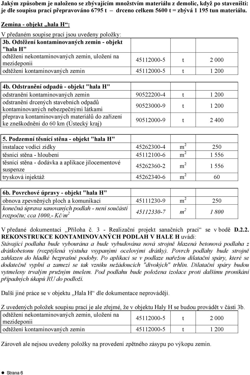 Odtěžení kontaminovaných zemin - objekt "hala H" odtěžení nekontaminovaných zemin, uložení na mezideponii 45112000-5 t 2 000 odtěžení kontaminovaných zemin 45112000-5 t 1 200 4b.