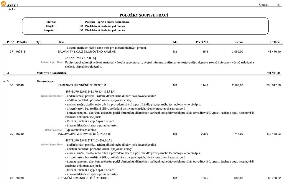 případně s uložením. 4 5 Vodorovné konstrukce 521 981,31 Komunikace 38 56140 KAMENIVO ZPEVNĚNÉ CEMENTEM M3 114,3 2 190,00 250 317,00 495*1.5*0.