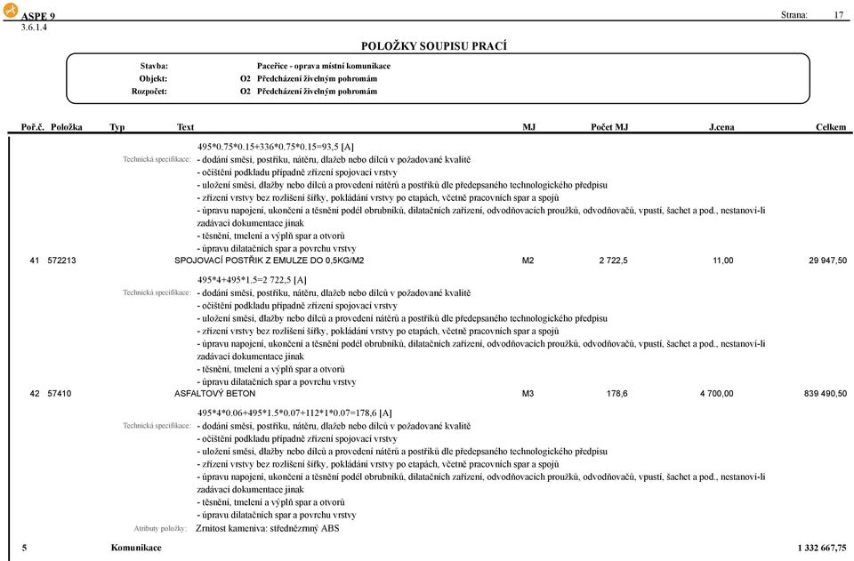 15=93,5 [A] Technická specifikace: - dodání směsi, postřiku, nátěru, dlažeb nebo dílců v požadované kvalitě - očištění podkladu případně zřízení spojovací vrstvy - uložení směsi, dlažby nebo dílců a