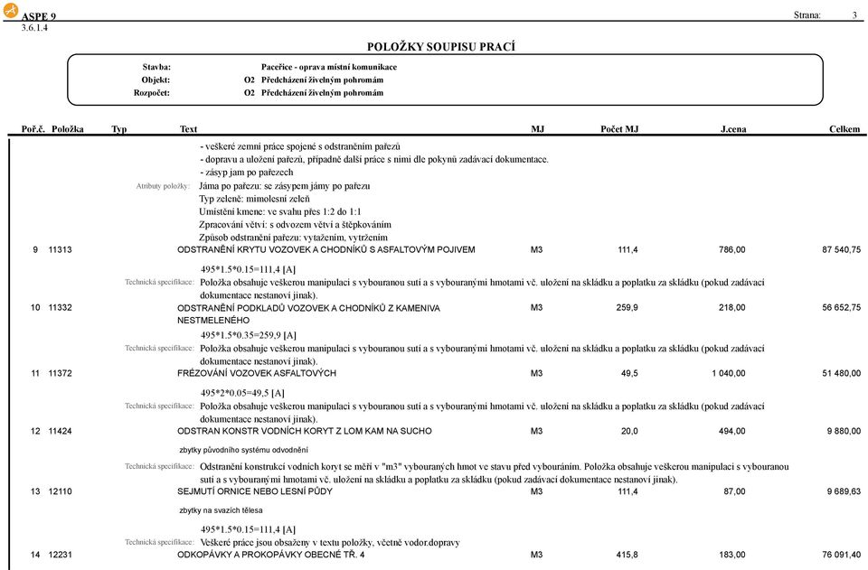 štěpkováním Způsob odstranění pařezu: vytažením, vytržením 9 11313 ODSTRANĚNÍ KRYTU VOZOVEK A CHODNÍKŮ S ASFALTOVÝM POJIVEM M3 111,4 786,00 87 540,75 495*1.5*0.