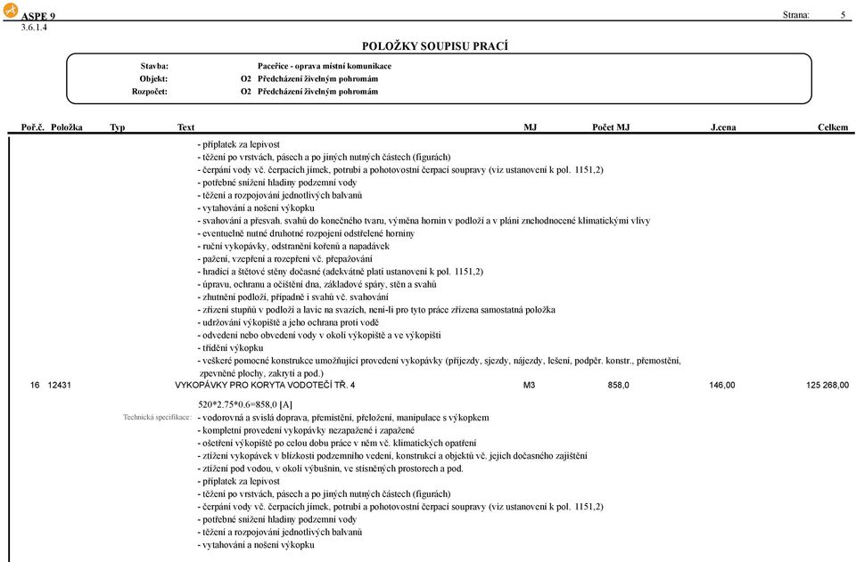 1151,2) - potřebné snížení hladiny podzemní vody - těžení a rozpojování jednotlivých balvanů - vytahování a nošení výkopku - svahování a přesvah.