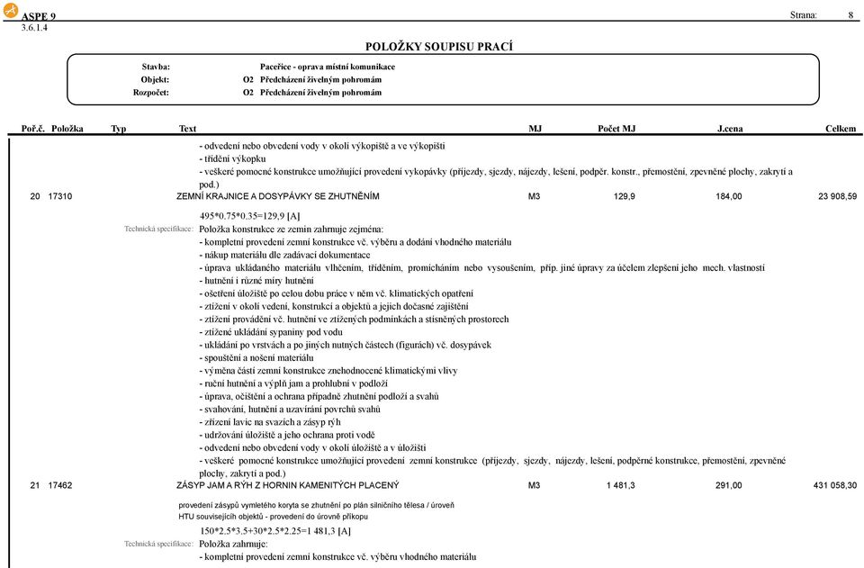 35=129,9 [A] Technická specifikace: Položka konstrukce ze zemin zahrnuje zejména: - kompletní provedení zemní konstrukce vč.