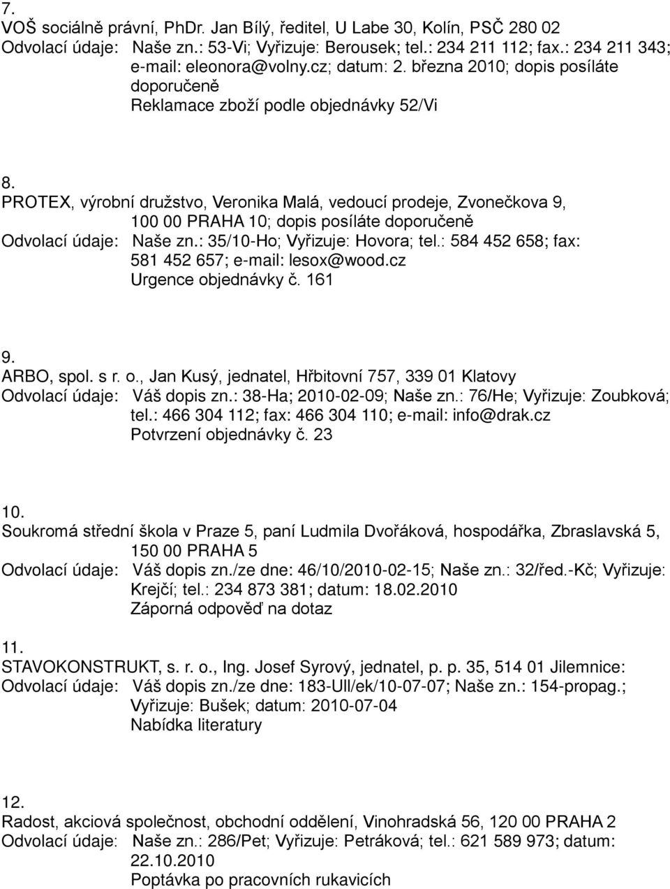 PROTEX, výrobní družstvo, Veronika Malá, vedoucí prodeje, Zvonečkova 9, 100 00 PRAHA 10; dopis posíláte doporučeně Odvolací údaje: Naše zn.: 35/10-Ho; Vyřizuje: Hovora; tel.