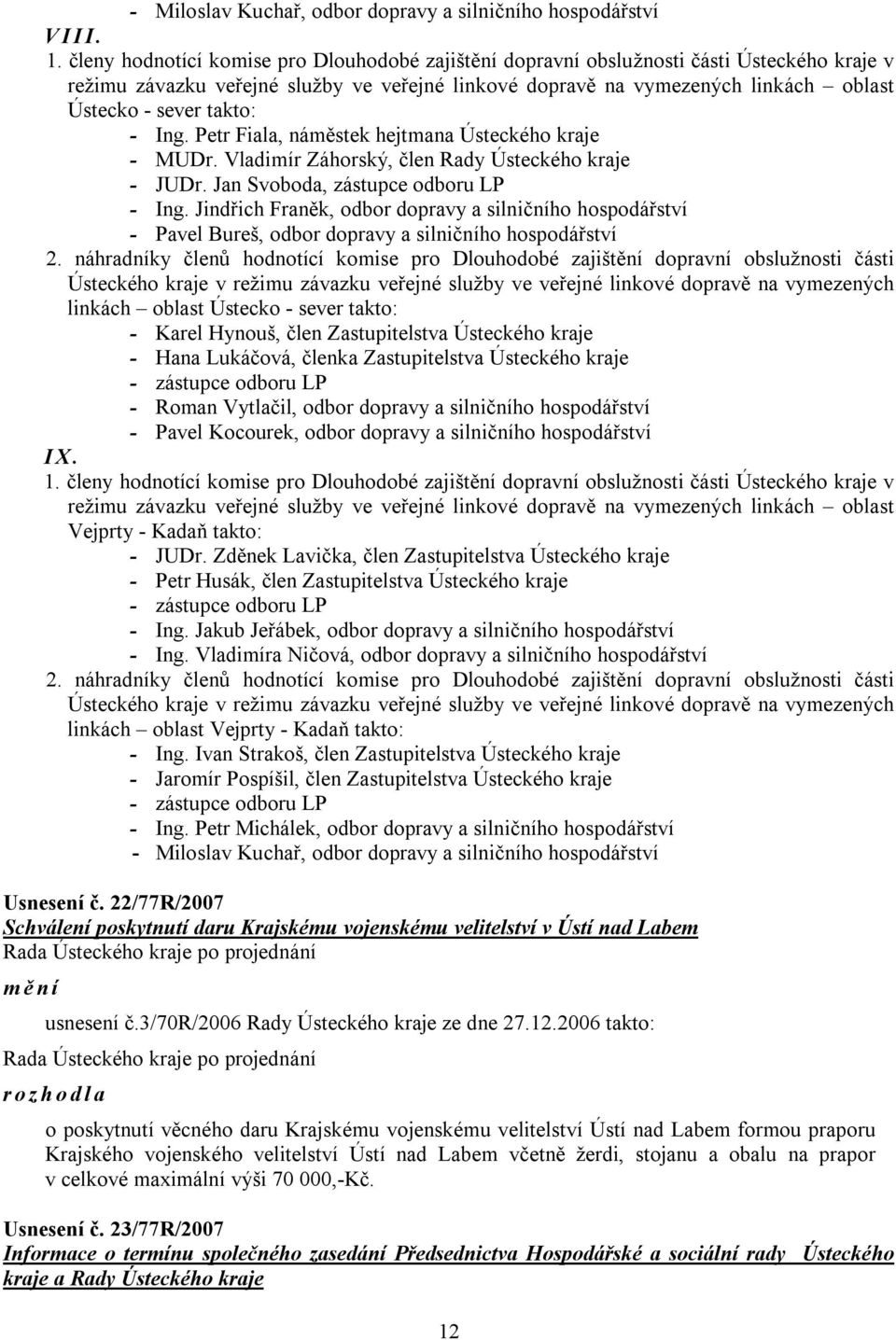 takto: - Ing. Petr Fiala, náměstek hejtmana Ústeckého kraje - MUDr. Vladimír Záhorský, člen Rady Ústeckého kraje - JUDr. Jan Svoboda, zástupce odboru LP - Ing.