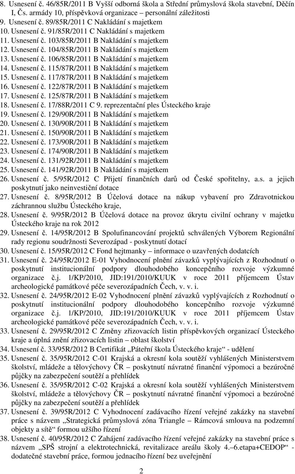 Usnesení č. 115/87R/2011 B Nakládání s majetkem 15. Usnesení č. 117/87R/2011 B Nakládání s majetkem 16. Usnesení č. 122/87R/2011 B Nakládání s majetkem 17. Usnesení č. 125/87R/2011 B Nakládání s majetkem 18.