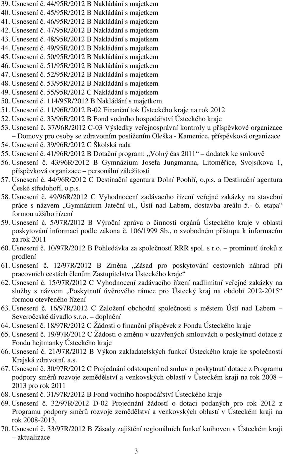 Usnesení č. 52/95R/2012 B Nakládání s majetkem 48. Usnesení č. 53/95R/2012 B Nakládání s majetkem 49. Usnesení č. 55/95R/2012 C Nakládání s majetkem 50. Usnesení č. 114/95R/2012 B Nakládání s majetkem 51.