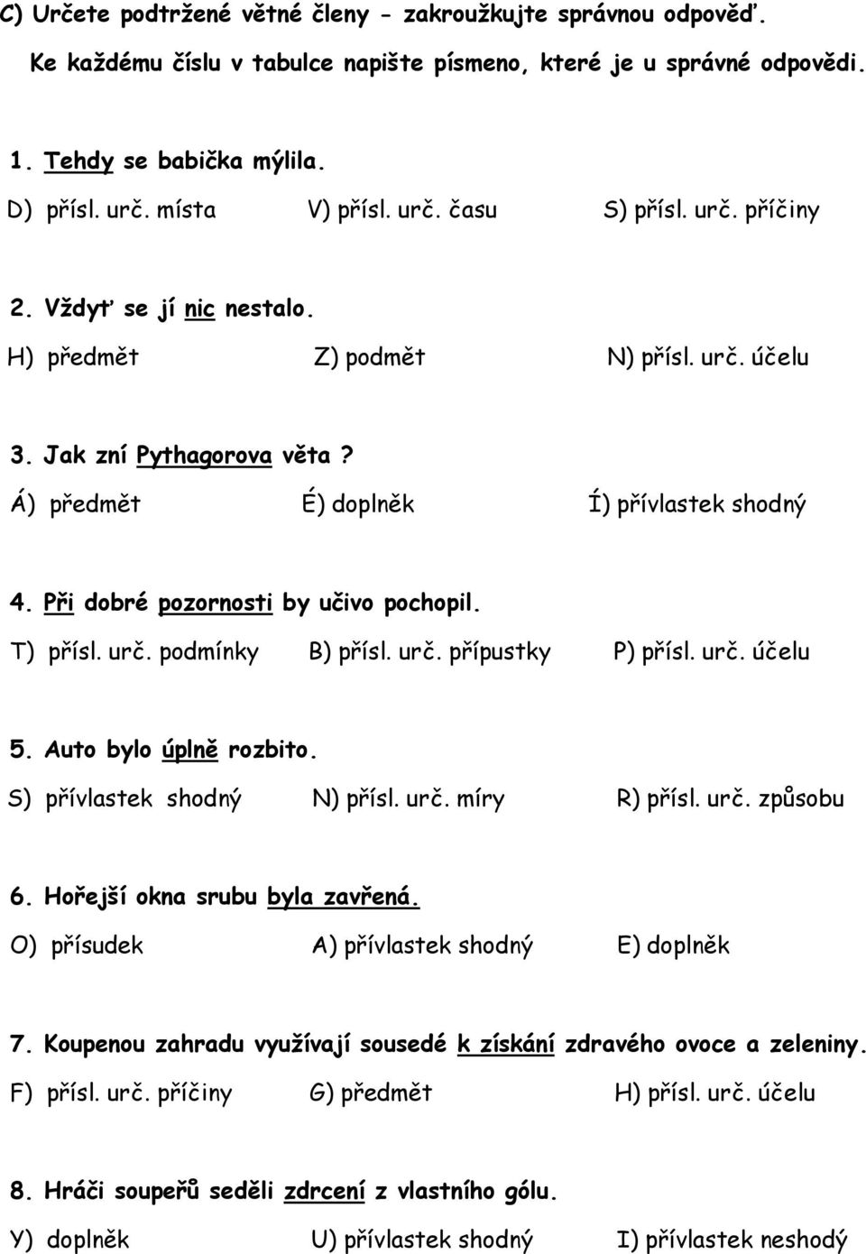 Při dobré pozornosti by učivo pochopil. T) přísl. urč. podmínky B) přísl. urč. přípustky P) přísl. urč. účelu 5. Auto bylo úplně rozbito. S) přívlastek shodný N) přísl. urč. míry R) přísl. urč. způsobu 6.