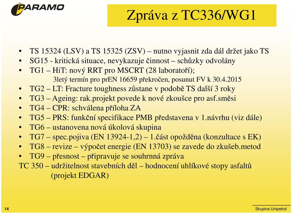 směsi TG4 CPR: schválena příloha ZA TG5 PRS: funkční specifikace PMB představena v 1.návrhu (viz dále) TG6 ustanovena nová úkolová skupina TG7 spec.pojiva (EN 13924-1,2) 1.