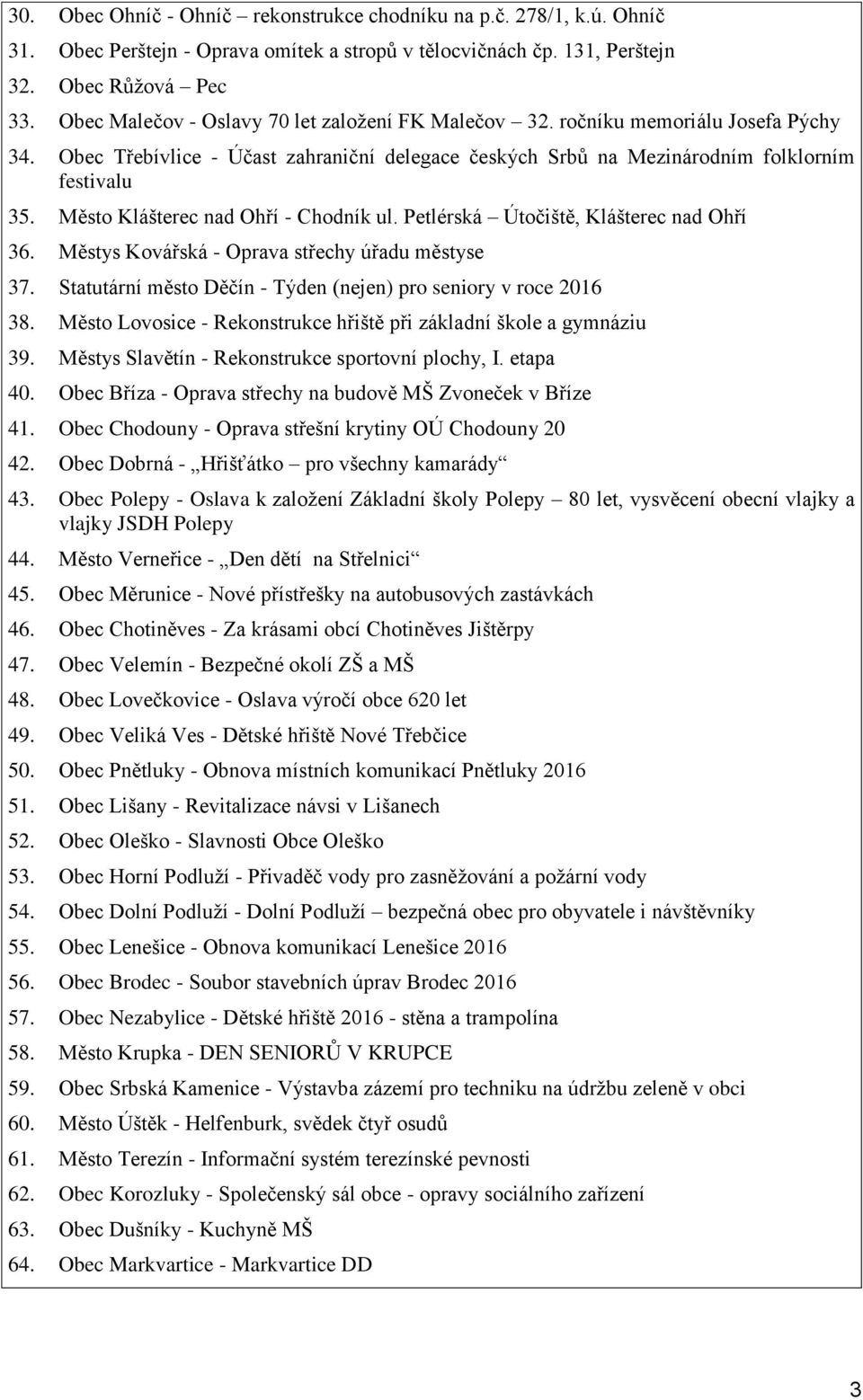 Město Klášterec nad Ohří - Chodník ul. Petlérská Útočiště, Klášterec nad Ohří 36. Městys Kovářská - Oprava střechy úřadu městyse 37. Statutární město Děčín - Týden (nejen) pro seniory v roce 2016 38.