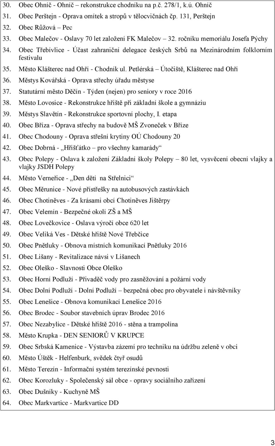 Město Klášterec nad Ohří - Chodník ul. Petlérská Útočiště, Klášterec nad Ohří 36. Městys Kovářská - Oprava střechy úřadu městyse 37. Statutární město Děčín - Týden (nejen) pro seniory v roce 2016 38.