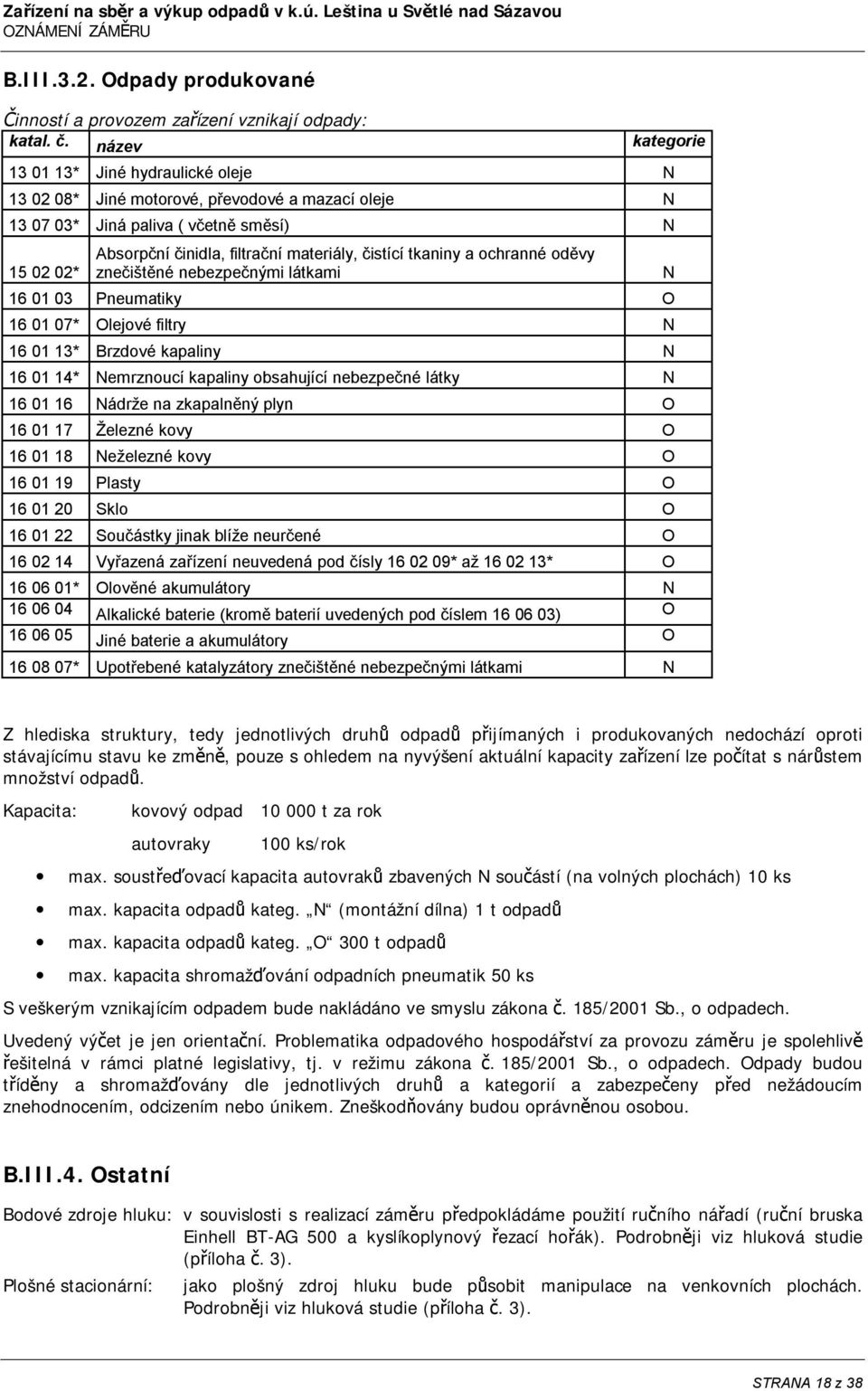 čistící tkaniny a ochranné oděvy znečištěné nebezpečnými látkami 16 01 03 Pneumatiky O 16 01 07* Olejové filtry N 16 01 13* Brzdové kapaliny N 16 01 14* Nemrznoucí kapaliny obsahující nebezpečné