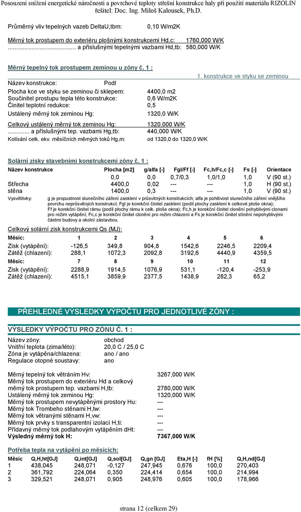 1 : Název konstrukce: Podl Plocha kce ve styku se zeminou či sklepem: 4400,0 m2 Součinitel prostupu tepla této konstrukce: 0,6 W/m2K Činitel teplotní redukce: 0,5 Ustálený měrný tok zeminou Hg: