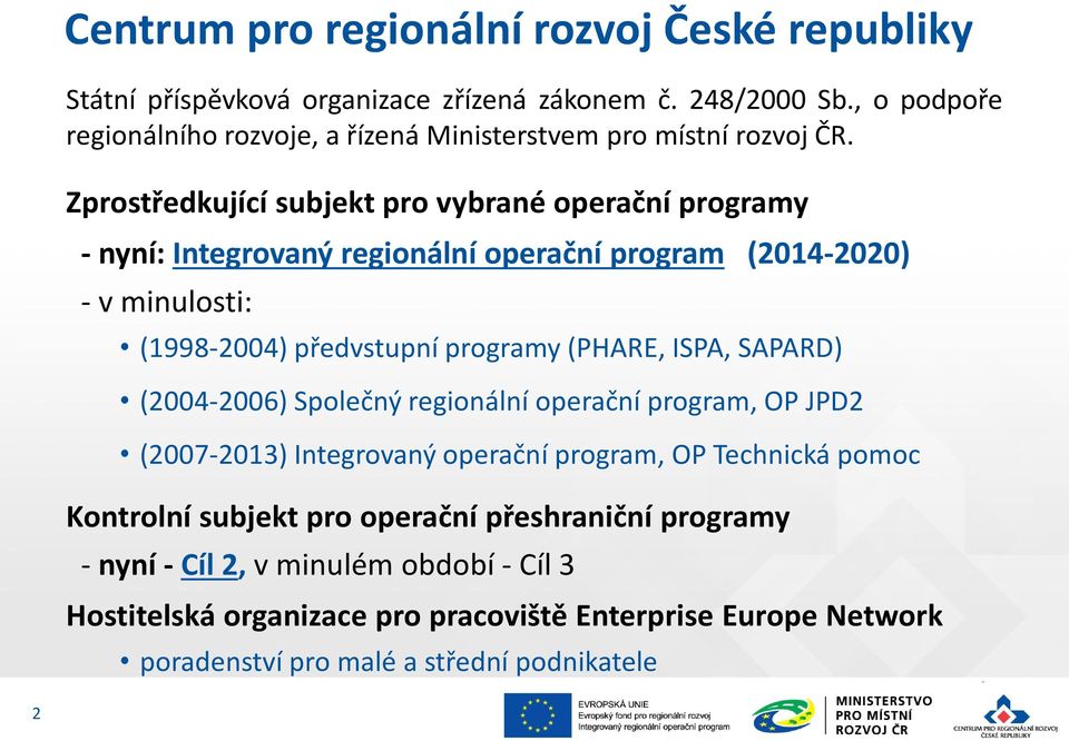 Zprostředkující subjekt pro vybrané operační programy - nyní: Integrovaný regionální operační program (2014-2020) - v minulosti: (1998-2004) předvstupní programy (PHARE,