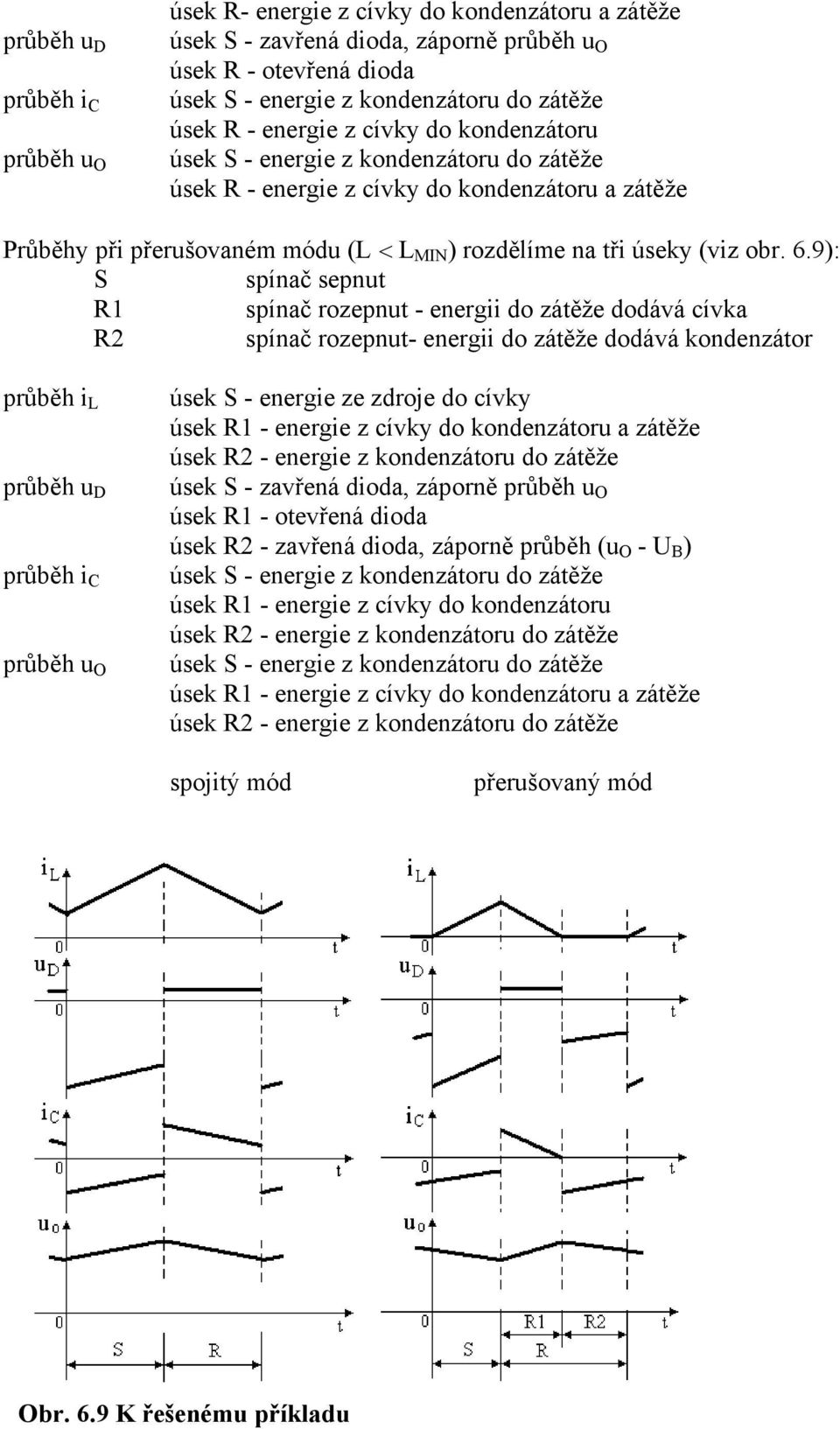 6.9): S spínač sepnut R1 spínač rozepnut - energii do zátěže dodává cívka R2 spínač rozepnut- energii do zátěže dodává kondenzátor průběh i L průběh u D průběh i C průběh u O úsek S - energie ze