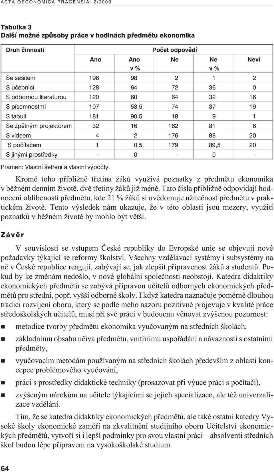 a vlastní výpočty. Kromì toho pøibli nì tøetina ákù vyu ívá poznatky z pøedmìtu ekonomika v bì ném denním ivotì, dvì tøetiny ákù ji ménì.