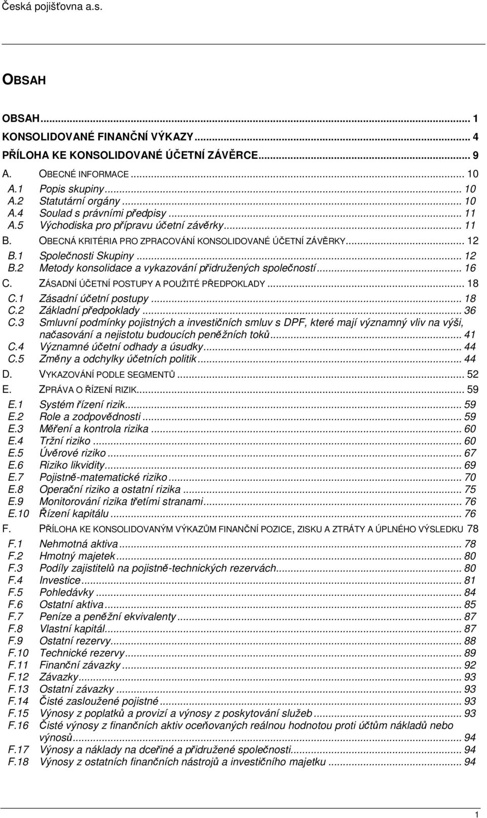 .. 12 Metody konsolidace a vykazování přidružených společností... 16 C. ZÁSADNÍ ÚČETNÍ POSTUPY A POUŽITÉ PŘEDPOKLADY... 18 C.1 Zásadní účetní postupy... 18 C.2 Základní předpoklady... 36 C.