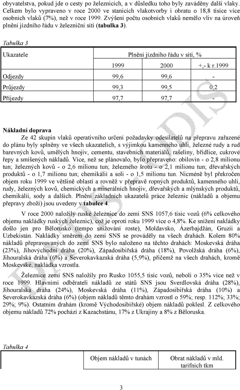 Zvýšení počtu osobních vlaků nemělo vliv na úroveň plnění jízdního řádu v železniční síti (tabulka 3). Tabulka 3 Ukazatele Plnění jízdního řádu v síti, % 1999 2000 +,- k r.