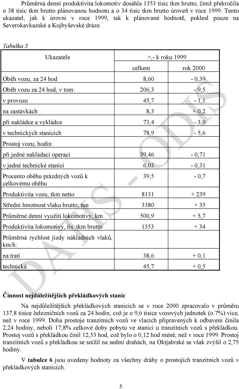 Tabulka 5 Ukazatele +,- k roku 1999 celkem rok 2000 Oběh vozu, za 24 hod 8,60-0,39 Oběh vozu za 24 hod, v tom: 206,3-9,5 v provozu 45,7-1,1 na zastávkách 8,3 + 0,2 při nakládce a vykládce 73,4-3,0 v