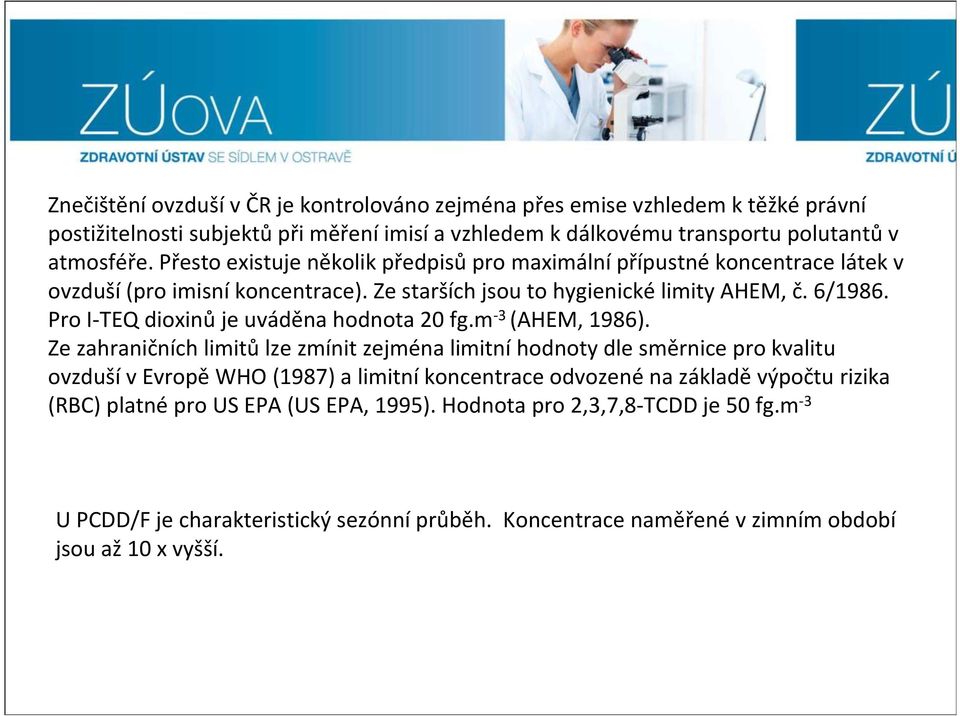 Pro I-TEQ dioxinůje uváděna hodnota 20 fg.m -3 (AHEM, 1986).