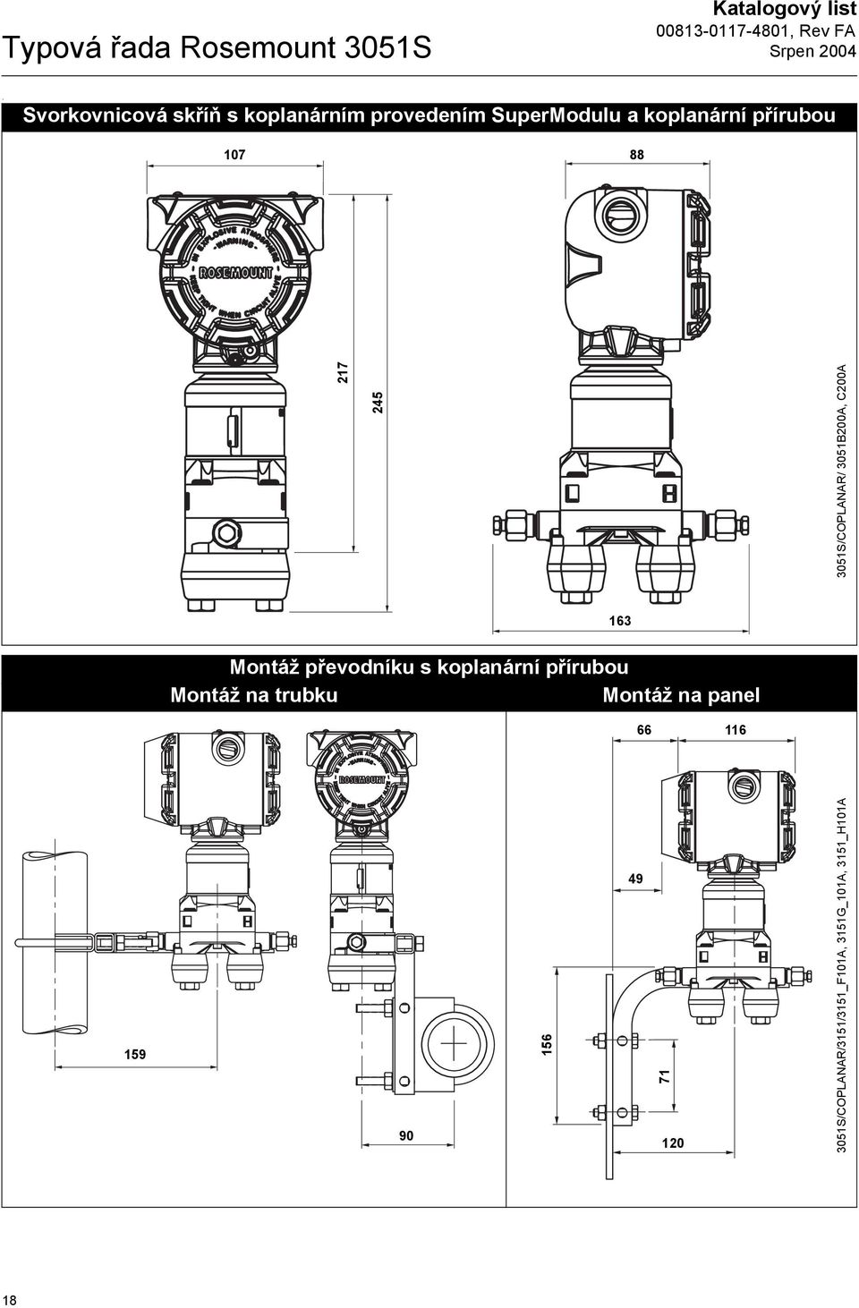 88 217 245 3051S/COPLANAR/ 3051B200A, C200A 163 Montáž převodníku s koplanární