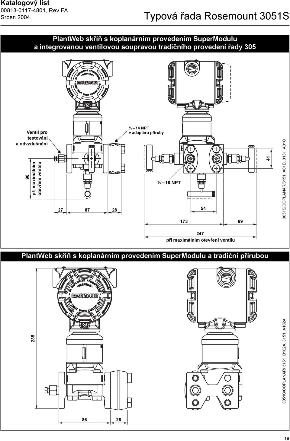 14 NPT v adaptéru příruby ¼ 18 NPT 173 54 69 41 3051S/COPLANAR/3151_A01D, 3151_A01C 247 při maximálním otevření ventilu