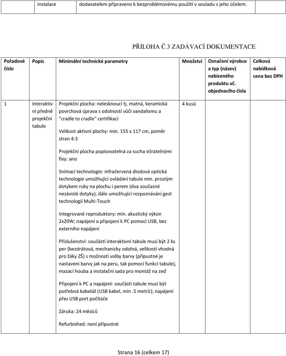 objednacího čísla Celková nabídková cena bez DPH 1 Interaktiv ní předně projekční tabule Projekční plocha: nelesknoucí tj.