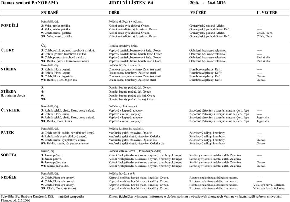 Chléb, Flora. 9/4: Veka, máslo, paštika. Kuřecí směs dietní, rýže dušená. Ovoce. Grenadýrský pochod dietní. Kefír. Chléb, Flora. Polévka hráškový krém. ÚTERÝ 3: Chléb, rohlík, pomaz.