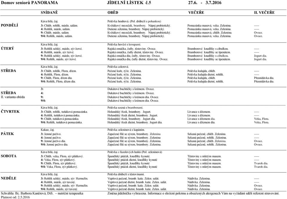 Květákový mozeček, brambory. Nápoj probiotický. Pomazánka masová, chléb. Zelenina. Ovoce. 9/4: Rohlík, máslo, salám. Dušená zelenina, brambory. Nápoj probiotický. Pomazánka masová, veka. Zelenina. Ovoce. Polévka hovězí s kroupami.