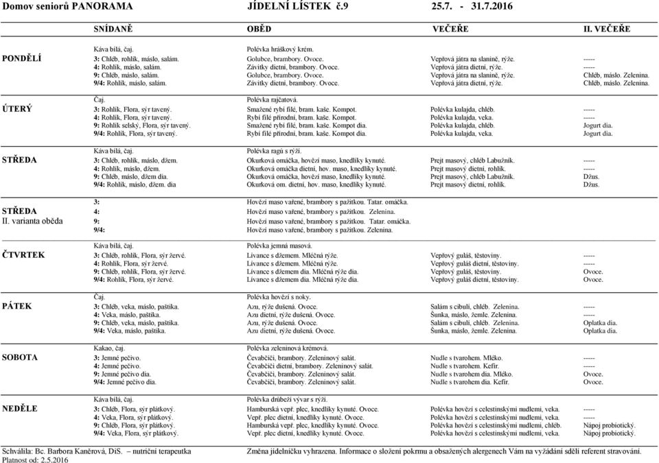 9/4: Rohlík, máslo, salám. Závitky dietní, brambory. Ovoce. Vepřová játra dietní, rýže. Chléb, máslo. Zelenina. Polévka rajčatová. ÚTERÝ 3: Rohlík, Flora, sýr tavený. Smažené rybí filé, bram. kaše.