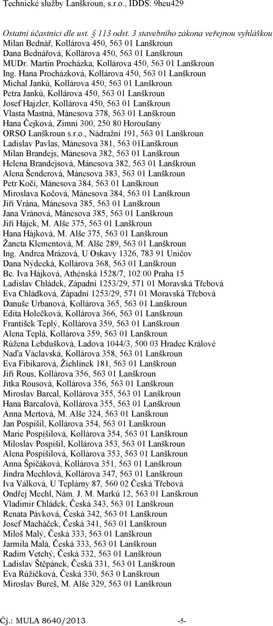 Hana Procházková, Kollárova 450, 563 01 Lanškroun Michal Janků, Kollárova 450, 563 01 Lanškroun Petra Janků, Kollárova 450, 563 01 Lanškroun Josef Hajzler, Kollárova 450, 563 01 Lanškroun Vlasta