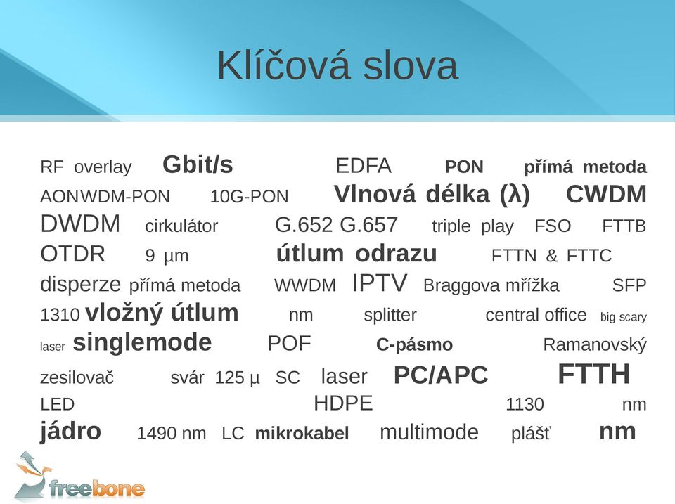 657 triple play FSO FTTB OTDR 9 µm útlum odrazu FTTN & FTTC disperze přímá metoda WWDM IPTV Braggova mřížka