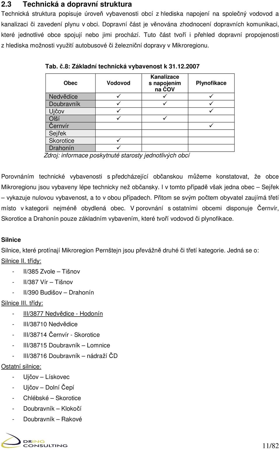 Tuto část tvoří i přehled dopravní propojenosti z hlediska možnosti využití autobusové či železniční dopravy v Mikroregionu. Tab. č.8: Základní technická vybavenost k 31.12.