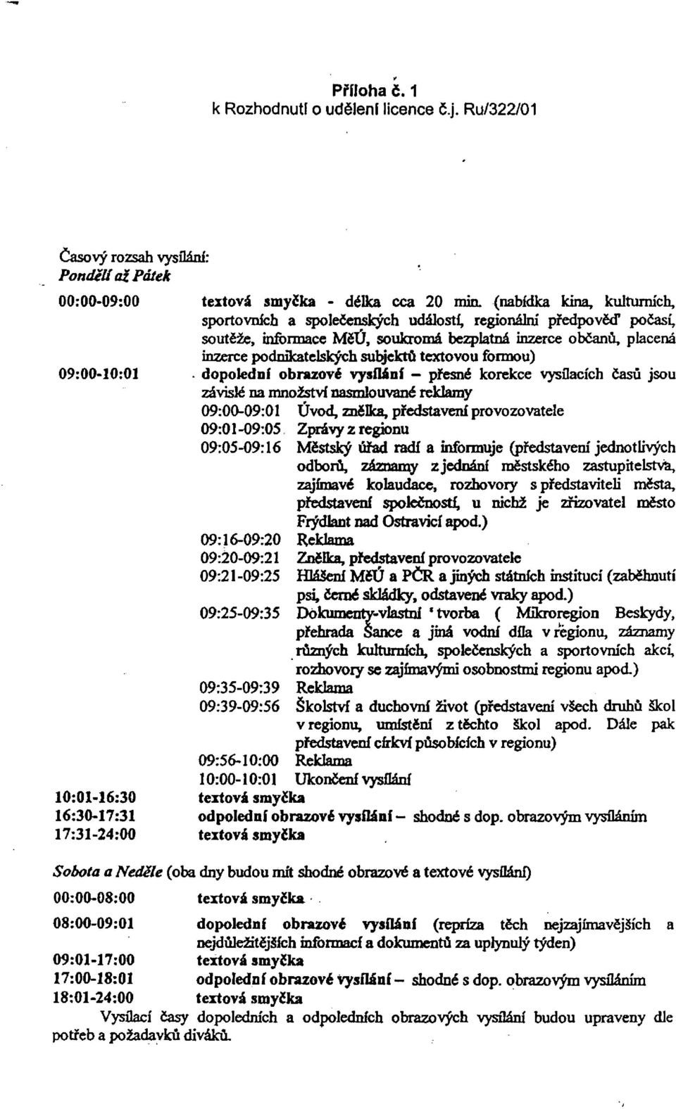 textovou formou) dopolední obrazové vysílání přesné korekce vysílacích časů jsou závislé na množství nasmlouvané reklamy 09:00-09:01 Úvod, znělka, představení provozovatele 09:01-09:05 09:05-09:16